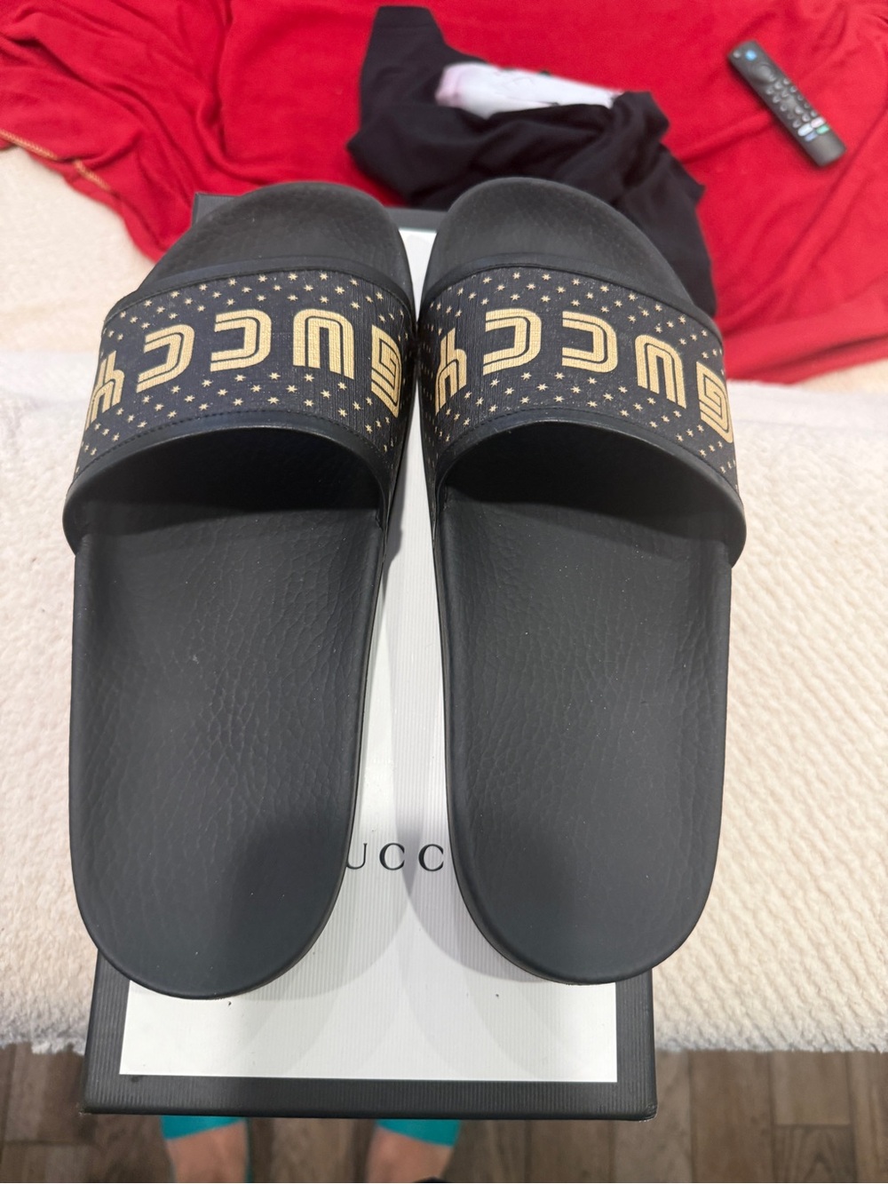 Gucci Black Slides with Gold Logo Stars - Picture 5 of 6